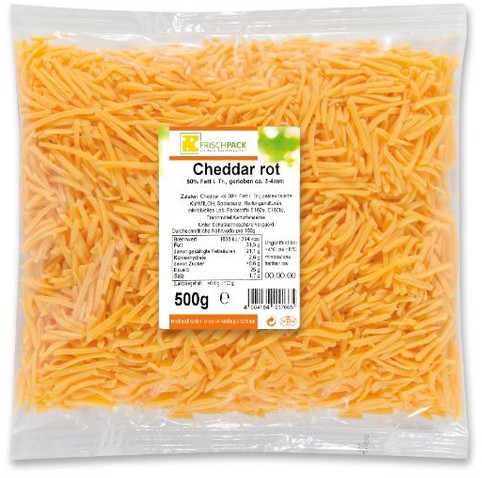 62296 Frischpack Cheddar rot gerieben 50 % Fett i.Tr. 500 G