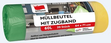 81864 Quickpack Mllbeutel grn mit Zugband 60 Liter 64 x 71 cm 20 ST